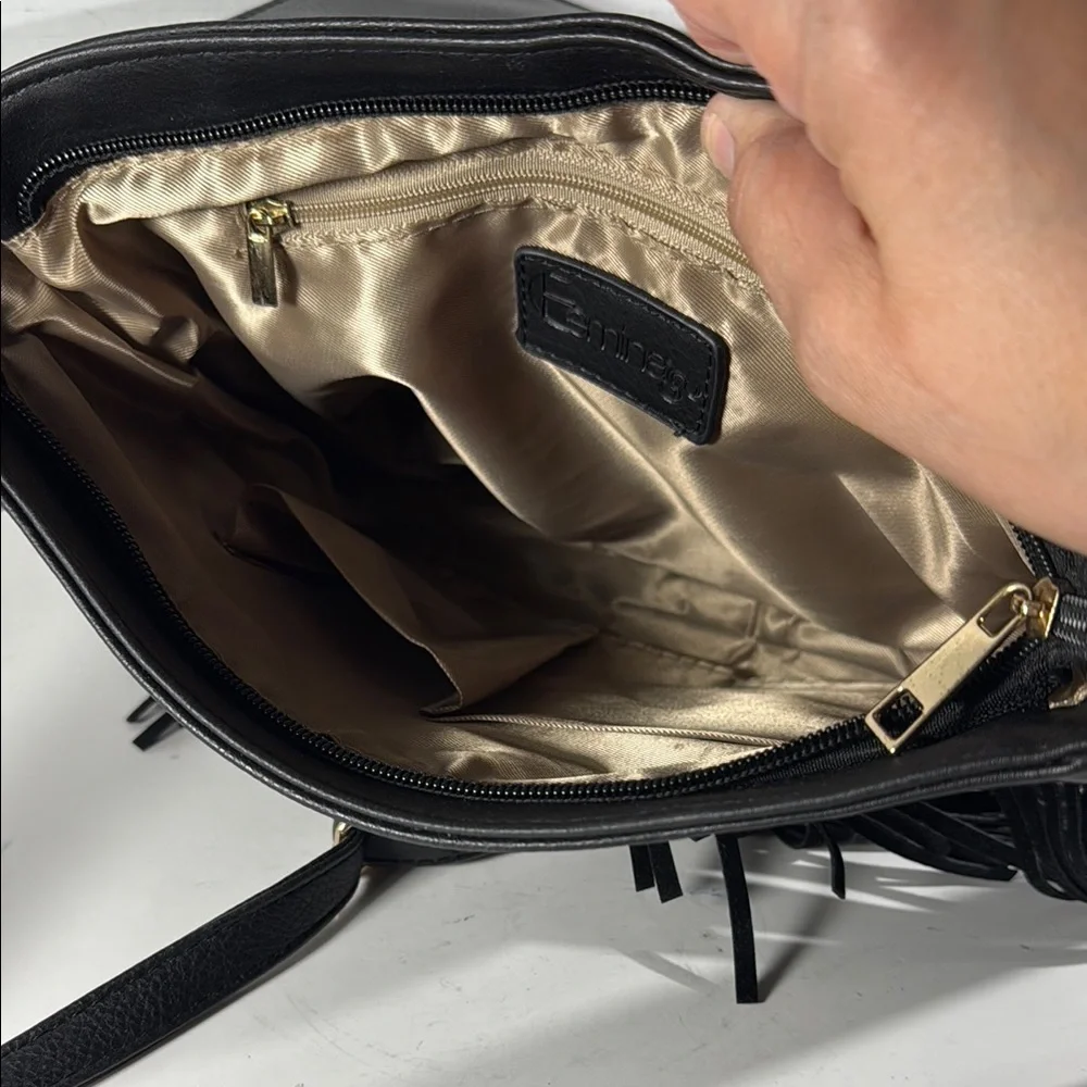 Femina Fringe Leopard Print Black Handbag Gold Interior Detachable Strap - Picture 11 of 16
